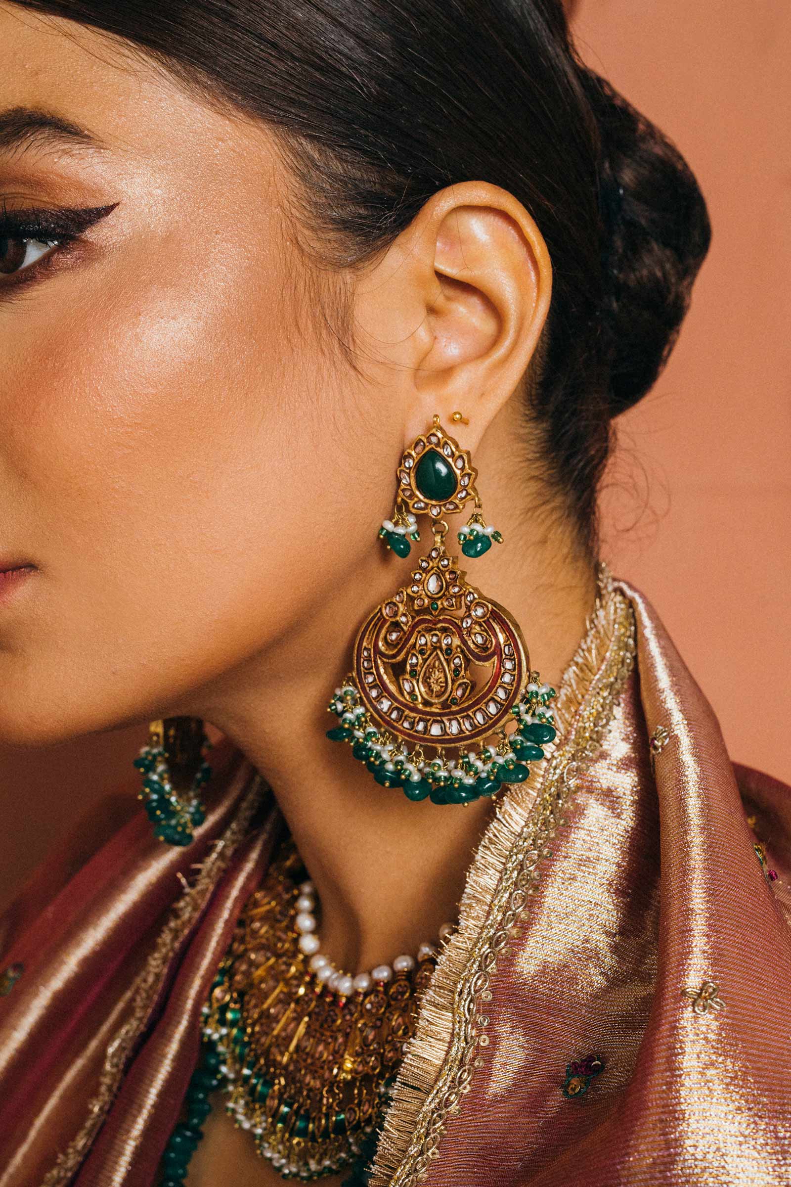 GOLD PLATED PEACOCK GREEN EARRINGS - Image 4